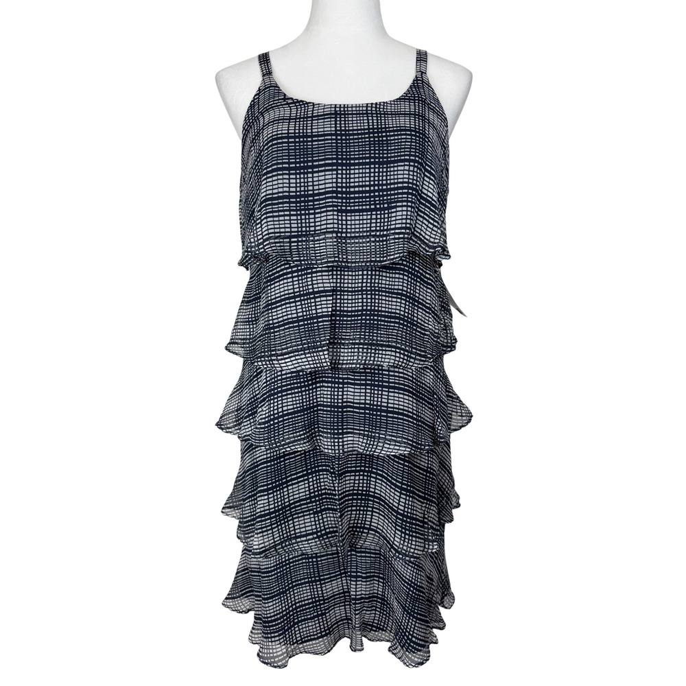 Signature by Robbie Bee Tiered Silk Dress Women's 10P Navy White‎ Grid Ruffle